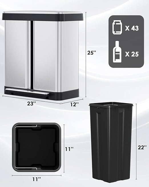 Arlopu 16 Gallon Dual Trash Can, 60L(2x30L) Stainless Steel Kitchen Garbage Can, Step-on Classified Recycle Garbage Bin with Removable Inner Buckets, for Kitchen, Living Room, Office (Silver)