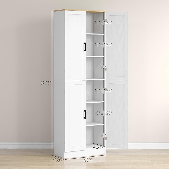 HOMCOM 67" Freestanding Kitchen Pantry, 4-Door Storage Cabinet Organizer with Adjustable Shelves, Kitchen Cabinet with Doors and Shelves, Distressed White