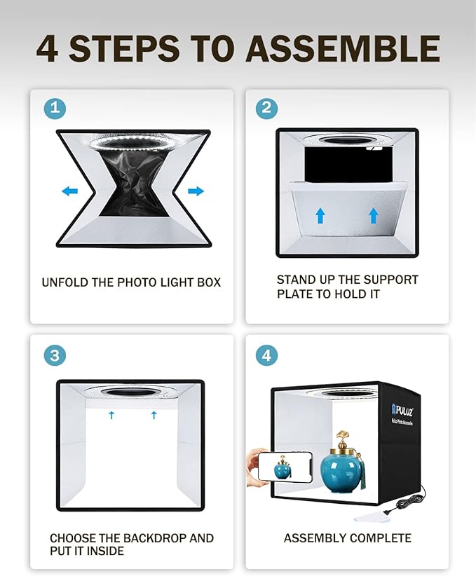 PULUZ 9.8"/25cm Foldable Portable Photo Studio Light Box, Adjustable Brightness Light Box Photography Lighting Shooting Tent Kit, with LED Lights and 12 Colors Backdrop
