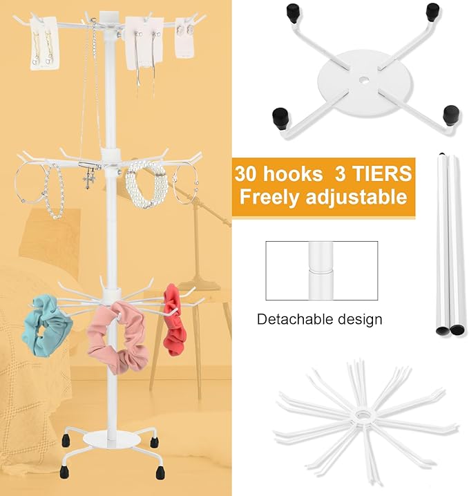 4 Pcs Spinning Jewelry Display Stand 3 Tier Rotating Keychain Earring Retail Rack Adjustable Fashion Counter Jewelry Tree Display Holder Organizer for Women Men (White)