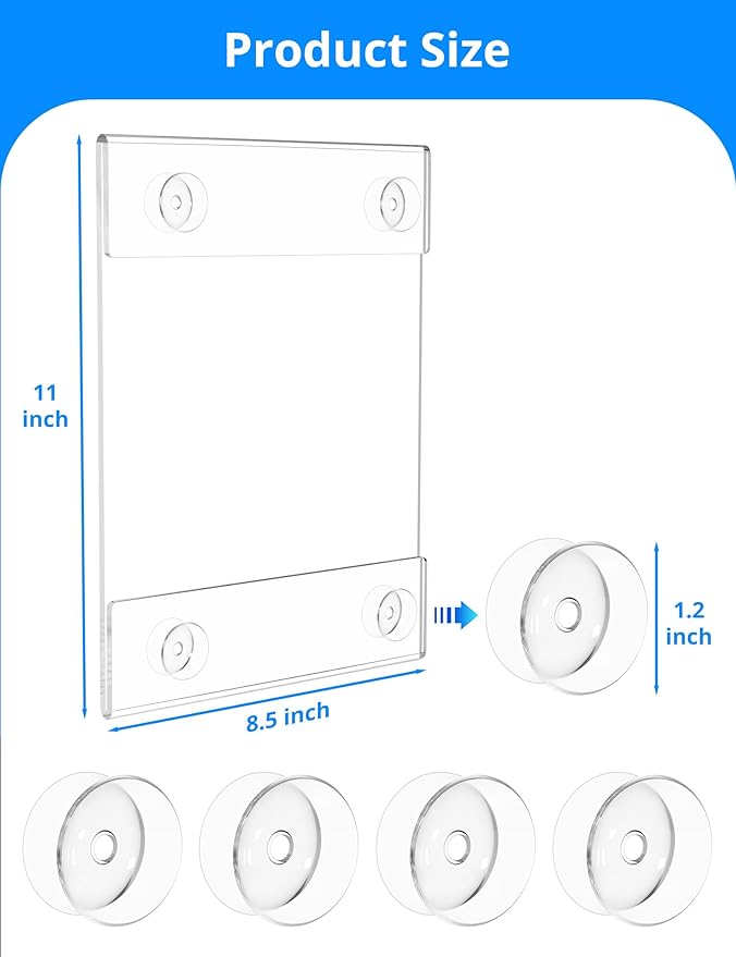 NIUBEE Acrylic Window Sign Holder:Glass Door Sign Holder with 4 Suction Cups 8.5x11 Inch--Window Mount for Displaying Flyers, Notices, Documents and Menus, for Office, Store, Home, Restaurant Use (2 Pack)