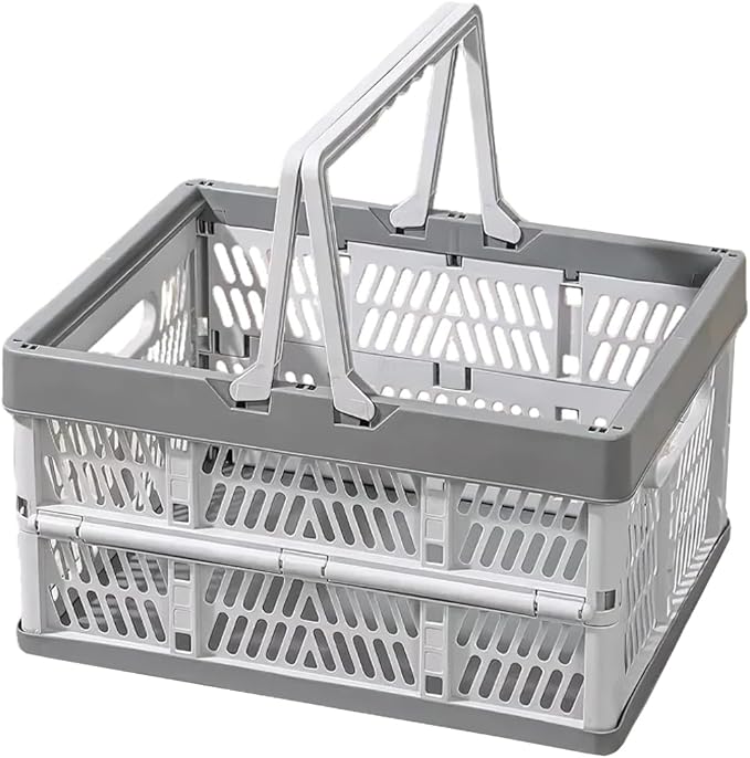 Collapsible Storage Crate with Handles, 20L Foldable Plastic Basket, Organizer Container (Light gray, M)