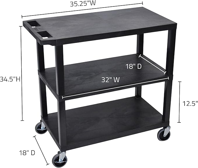 Luxor EC222-B Multipurpose Utility Cart, 32" x 18", 1.62" Thick Flat Shelves, Ergonomic Push Handle, 4" Full-swivel Casters, Locking Brake, 300 lbs Max Capacity, Black