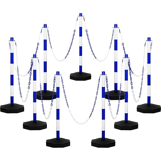 Amylove 9 Packs Traffic Delineator Post Cone with Base, Traffic Cones Safety Cones Caution Cones Plastic Stanchion Chain Safety Barriers with 6.6 Feet Link Chain and S Hooks for Parking Lot (Blue)