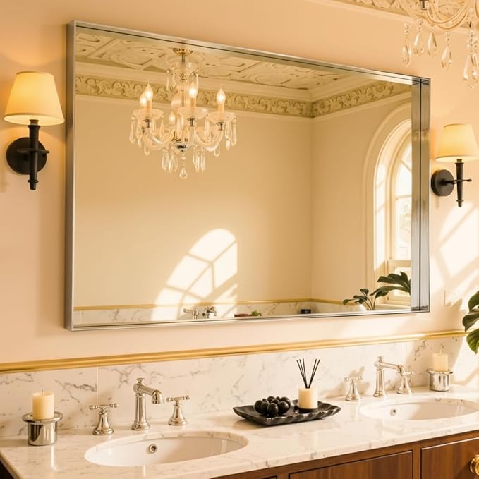 48"x32" Silver Framed Bathroom Mirror, Large Rectangular Vanity Mirror, Aluminum Metal Frame, Wall Farmhouse Modern Wall-Mounted Mirrors for Bathroom, Bedroom, Living Room, Over Sink