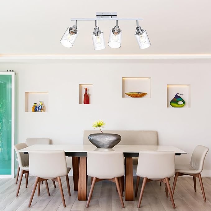 4-Light Track Lighting Kit Ceiling Kitchen Track Lighting Fixtures Chrome Bathroom Vanity Wall Lights with Clear Glass Multi-Directional Rotating Tracking Light Heads Spotlight for Accent Shop