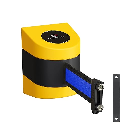 Crowd Control Warehouse - CCW Series WMB-230 Magnetic Wall Mount Retractable Belt Barrier - 30 Foot Belt, Black Horizontal Blue Stripe Belt with Yellow ABS Case