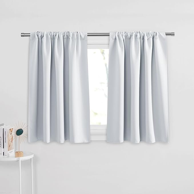 PONY DANCE Short Curtains for Small Window - Rod Pocket Curtain Panels Thermal Insulated Window Drapes for Kitchen/Living Room, 42 W x 36 L, Greyish White, 2 PCs