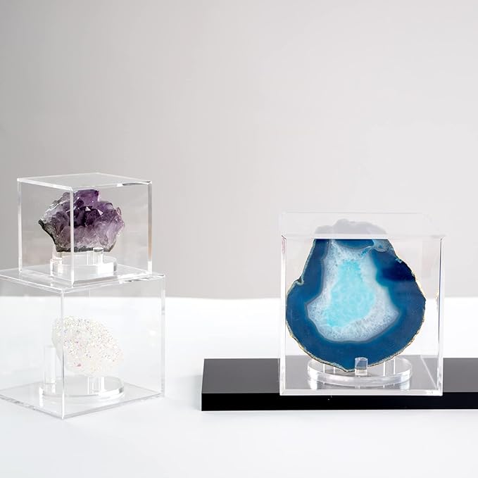 Clear Acrylic Mineral Geode Fossil Coral 3-Peg Round Holder Dustproof Box, Painted Rock Agate Crystal Small Collectibles Display Stands Easel, Multiple Display Box (Large-5x5x5in, 1Pcs)