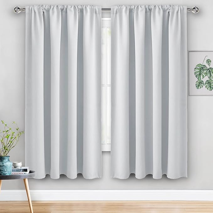 JIUZHEN Blackout Curtains for Bedroom - 60 Inch Wide Thermal Insulated Room Darkening Privacy Soundproof Curtains for Living Room, Set of 2 Panels with Tiebacks, 60 x 63 inches, Greyish White