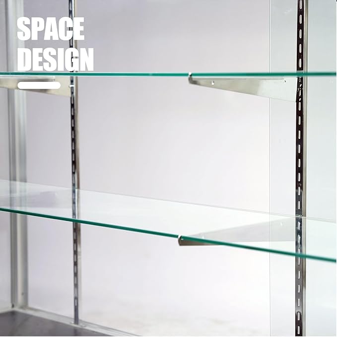 70”D * 20”W * 38”H, Freestanding LED Retail Full Vision Glass Display Case, Silvery Aluminum Frame, Two Adjustable Height Tempered Glass Shelves