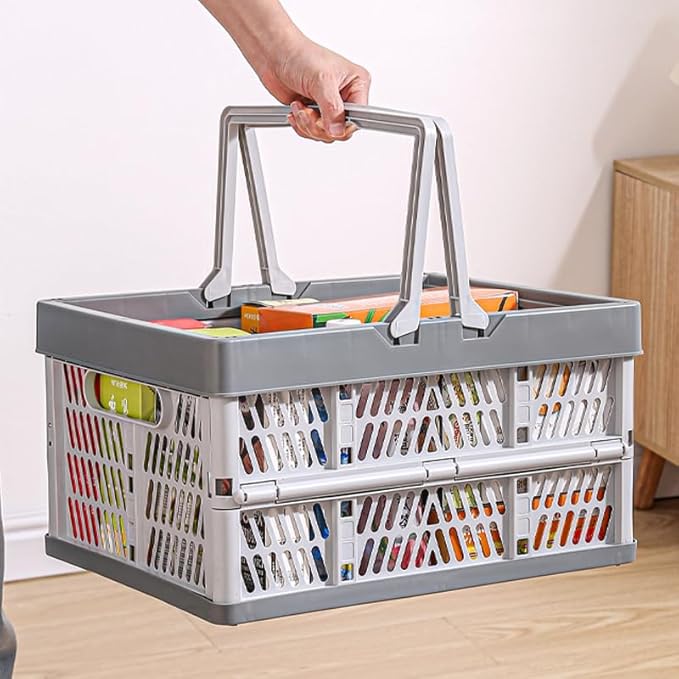 Domiella 2-Pack Foldable Storage Baskets, Collapsible PP Crates with Handles - 20L Capacity, Strong and Portable for Home Organization, Picnic and Shopping, Grey