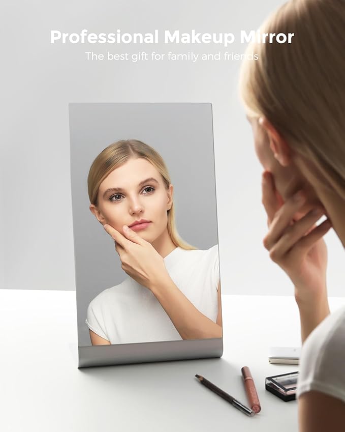 Frameless Makeup Mirror for Desk, 15 Inch Aluminum Standing Table Mirror, Large Counter Top Mirror