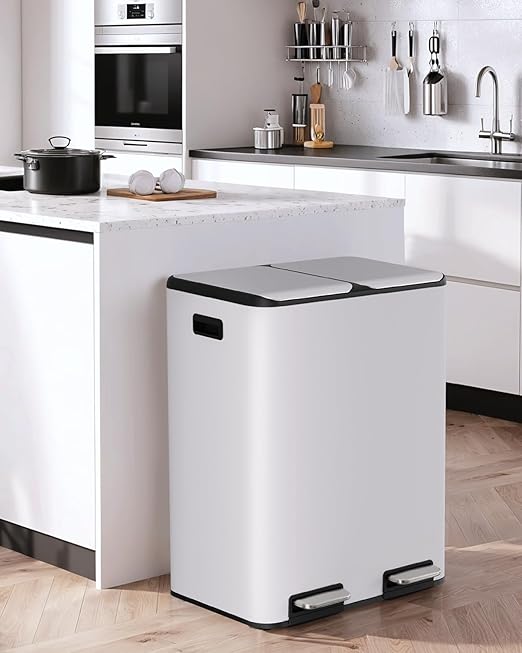 Arlopu 16Gal Dual Trash Can w/2 Built-in Box for Odor Control, Hands-Free Kitchen Garbage Bin, Recycle Waste Dustbin, Soft-Close Lid, 2 Buckets,Foot Pedal, Side Handle, Airtight,for Home (White)