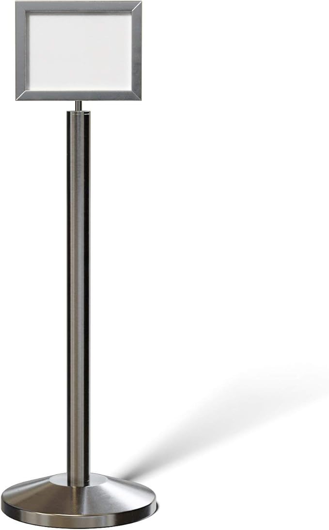 Crowd Control Warehouse Pedestal Standing Floor Sign Frame with Sloped Base, 8.5x11 Inch Horizontal, Satin Stainless Steel