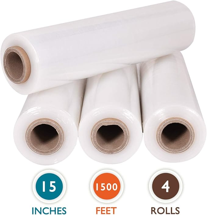 PackageZoom 4 Rolls 18” x 1500ft Heavy Duty Stretch Wrap Film – 55 Gauge Clear Plastic Pallet Wrap Roll for Moving, Packing, Shipping & Storage – Industrial Shrink Film Replaces 80 Gauge Wrap