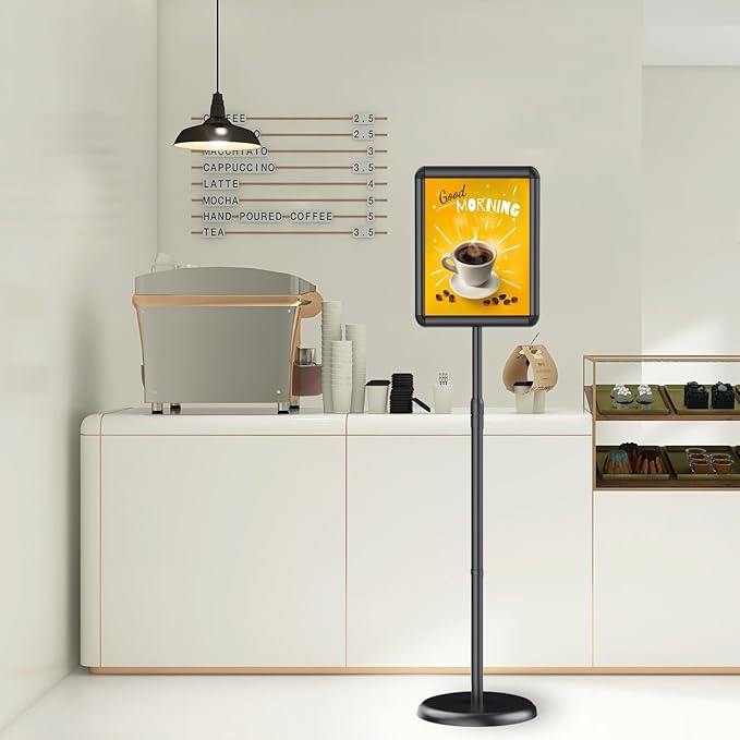 Pedestal Floor Stand Sign Holder for 8.5x11 inches Poster or chalk board, Snap open frame,360° Rotation,Outdoor Indoor Standing Display Sign Holders for commerical, directional, Black 3 Pack