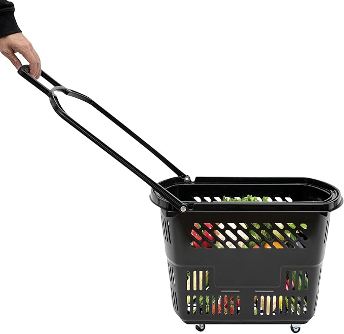 12PCS Plastic Shopping Basket with Handles & Wheels, 35L Rolling Shopping Carts, Grocery Basket with 4 Wheels and Handle, Portable Shopping Basket for Retail Stores, Supermarkets (12PCS - Black)