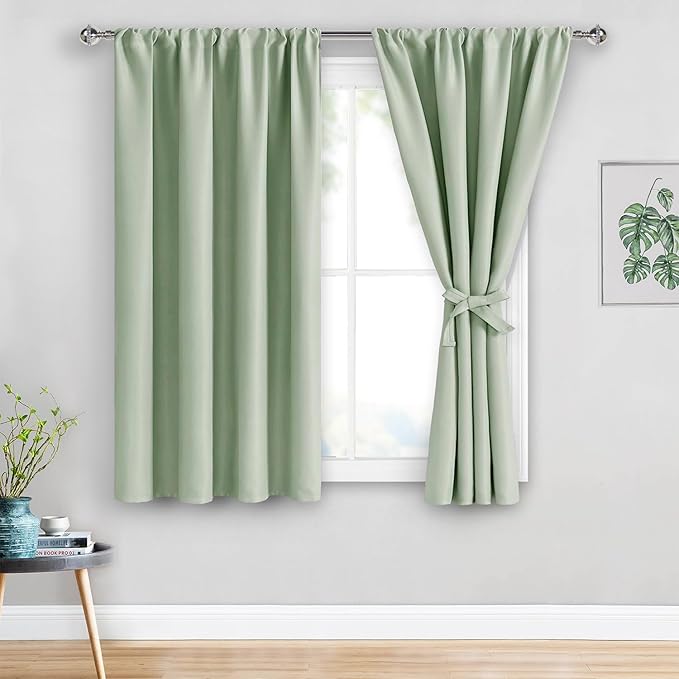 JIUZHEN Blackout Curtains for Bedroom - Thermal Insulated Room Darkening Rod Pocket Curtains for Living Room, Set of 2 Panels with Tiebacks, 38 x 45 Inch Length, Light Green