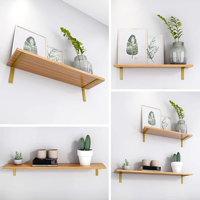Gold Heavy Duty Shelf Brackets 4 Inch, Rustic Gold Iron L Shelf Bracket, Industrial Modern Metal Floating Shelf with Hardware for DIY Open Shelving, 4 Pack