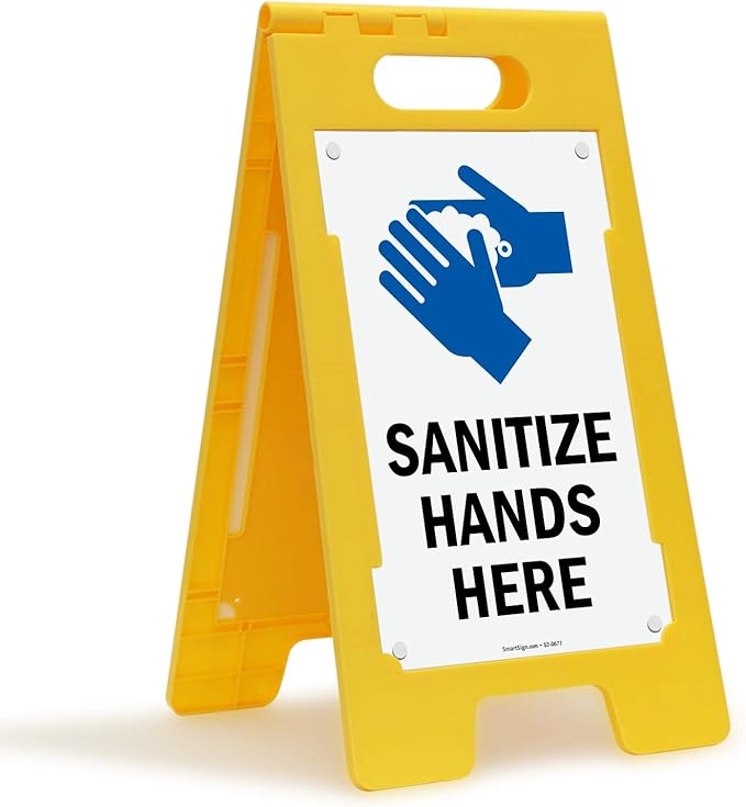 SmartSign 25 x 12 inch “Sanitize Hands Here” Two-Sided Folding Floor Sign with Symbol, Digitally Printed Polypropylene Plastic, Multicolor, Made in USA