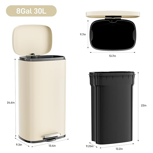 Arlopu 8/13.2 Gallon Step Trash Can, Stainless Steel Garbage Bin, Soft-Close Rubbish Bin with Removable Plastic Inner Bucket, Fingerprint-Proof, Lid Dustbin, Suit for Kitchen (Beige, 30L)
