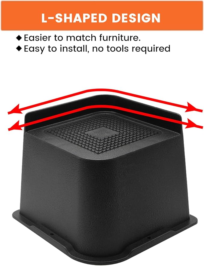 Bed Risers 2 inch, 3 inch, 4 inch, 6 inch or 8 inch Heavy Duty Furniture Risers, Up to 6000 Lbs L Shaped Design Bed Lifts Blocks for Couch Desk Sofa Table (Black, 6 Inch 6 Pack)