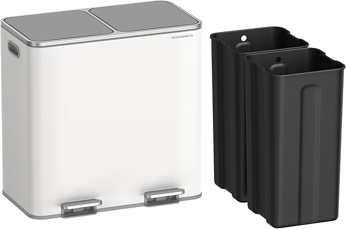 SONGMICS Trash Can, 2 x 10.6 Gallon (2 x 40 L) Garbage Can for Kitchen, with 15 Trash Bags, 2 Compartments, Plastic Inner Buckets and Hinged Lids, Airtight, White and Gray ULTB730W80