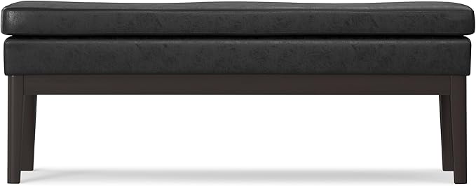 SIMPLIHOME Carlson Ottoman Bench - 45 inch Wide Upholstered Vegan Leather Rectangle Ottoman in Distressed Black, Mid Century Modern Bench for Bedroom, Entryway or Living Room with Padded Seat