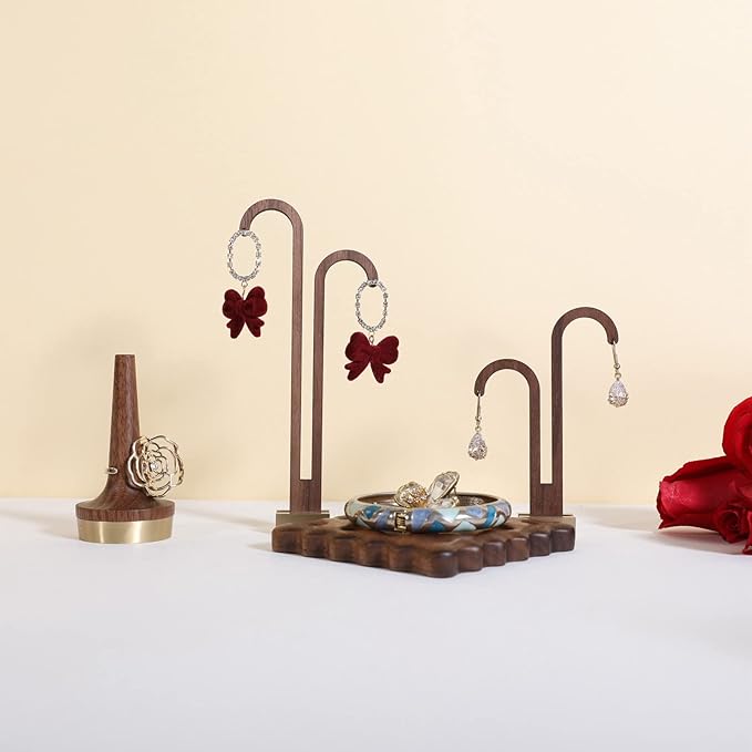 GemeShou 2 pcs walnut earring display stands for selling, cute earring hanger, wood hanging earring holder for boutique display【Y shape rectangle base-2pcs】