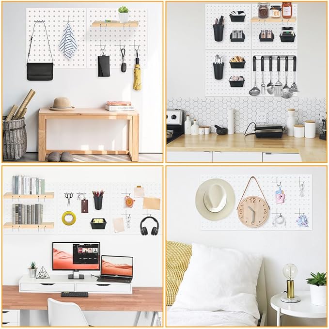 4Pcs Pegboard, Metal Peg Board, Pegboard Wall Organizer Panels Accessories, Mount Display Peg Board Kits for Walls Garage Craft Room Office Workshop, Easy Installation (White)
