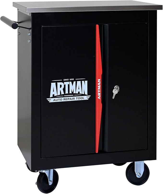Double-Door Heavy-Duty Rolling Steel Tool Cart with Handle&Wheels, Metal Storage Organizer Cabinet, Tool Chest for Efficient Tool Storage in Garage, Warehouse, Workshop, Repair Shop, Black&RED
