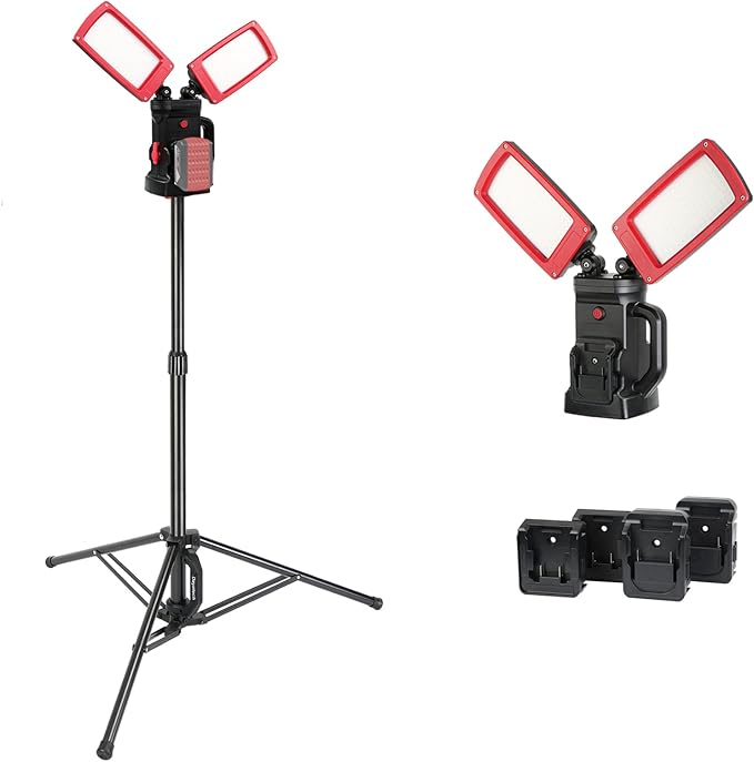 12000LM 85W Cordless LED Work Light, Dual-Head with Tripod, Compatible with Dewalt, Milwaukee, Makita 18–21V Battery, Flicker-Free, Glare-Free, Brightness Adjustable for Jobsite and Garage