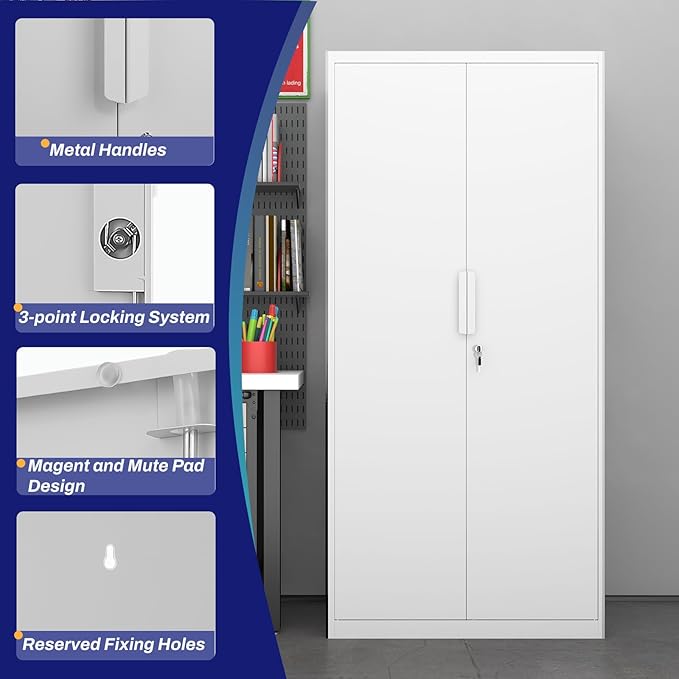 LUCYPAL Garage Storage Cabinets with Lock Doors,Metal Garage Storage Cabinets with 4 Adjustable Shelves for Home,Office, Warehouse(White)
