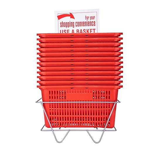 SSWBasics Red Shopping Baskets With Stand - Set of 12 - Basket Dimension 8-1/2"H x 12"W x 17"L - Perfect for Retail, Thrift, Grocery, and Convenience Stores - Holds 5 Gallons of Merchandise - Ideal