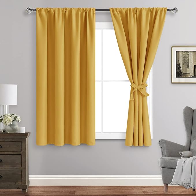 JIUZHEN Blackout Curtains for Bedroom - Thermal Insulated Room Darkening Rod Pocket Curtains for Living Room, Set of 2 Panels with Tiebacks, 38 x 54 Inch Length, Mustard Yellow