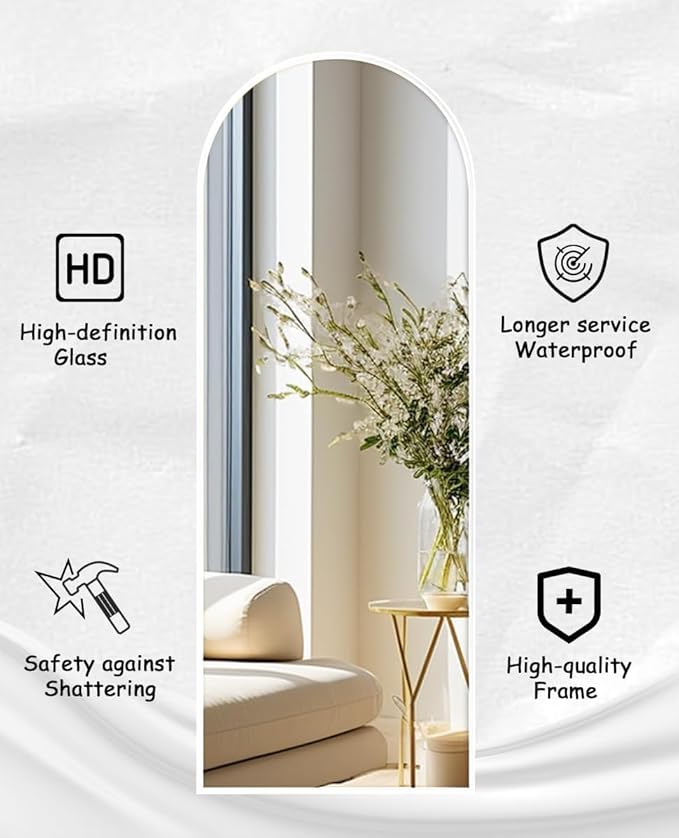 Floor Mirror Arched Full Length Mirrors, 64"x21" Floor Length & Standing Hanging or Leaning & Large Full Body Mirror Wall Mirror for Bedroom, Living Room, Aluminum Frame,White