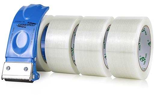 BOMEI PACK Strapping Tape 2Inch with Dispenser, Heavy Duty Fiberglass Reinforced Packing Tape with String for Moving and Shipping, 4Rolls x 5.5Mil x 35Yds, Total 140Yds