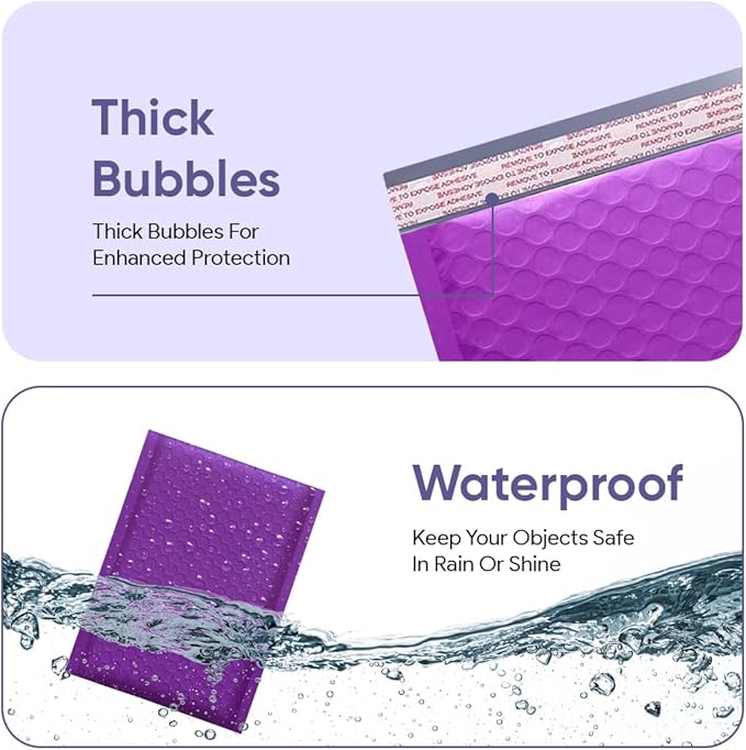 Purple 10.5x16 Inch Poly Bubble Mailers #5 | Self Seal Large Padded Envelopes | Air Cushioned Bubble Mailer | Usable Size 10.5x15 Inch | Waterproof Lightweight Mailing Shipping Bags | 100 Pack Bulk