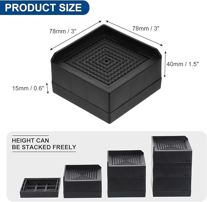 uxcell Furniture Risers 1.5 Inch, 4Pcs Square Bed Risers Adjustable Couch Lifter Block for Extender for Bed Desk Sofa Table Lift Support Up to 1300Lbs, Black