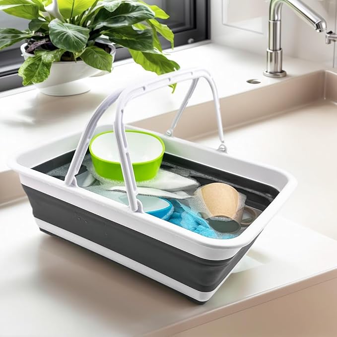 SAMMART Collapsible Basket with Handle 8L (2.1 Gallon) - Portable Outdoor Picnic Basket/Crate -Foldable Basin for Washing Dishes,Camping,Hiking (White/Steel Grey)