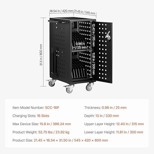 VEVOR 16 Device Charging Station with Lock & Key, Mobile Charging Cart for Chromebook, iPads, Tablet and Laptop, Up to 15.6 in Screen Size, Office and Classroom Locking Charging Station