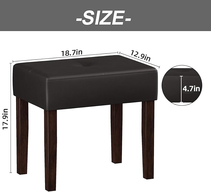Two Leather Vanity Stools, 18.7 Inch Wide Rectangle Ottoman Bench for Makeup Room, A Set Vanity Chair with Wood Legs for Piano Room, Bedroom,Living Room with Customizable (Cherry)