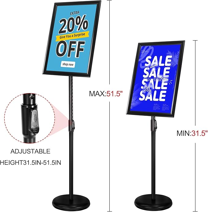 Adjustable Poster Sign Stand with Heavy Duty Base Sign Holder Aluminum Snap Open for 11x17 inches Both Vertical and Horizontal View Displayed Used for Living and Business(Black-2pack)
