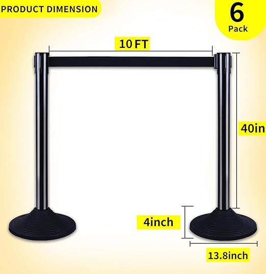 6PACK BESEA Crowd Control Stanchions Set Heavy Duty Crowd Control Barriers with 10' FEET Black Retractable Belt, Rubber Base(6PACK)