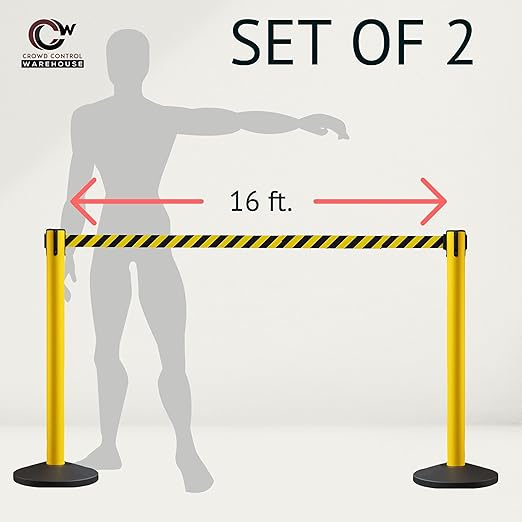 Crowd Control Warehouse CCW Series RBB-150 - Set of 2 Stanchion Retractable Belt Barriers - 16 Foot, Orange Belt with Red Post - Easy Assembly