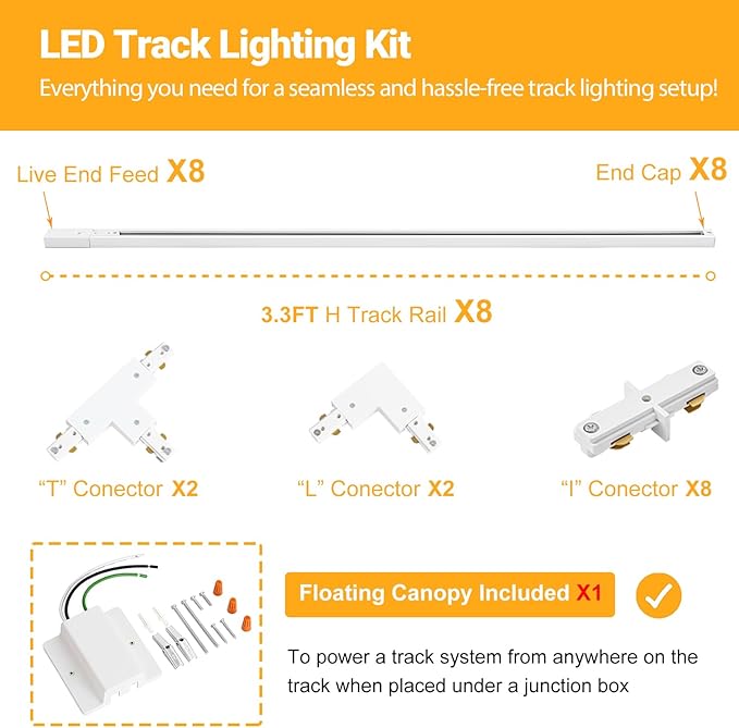 VANoopee 26FT H Track Lighting Rails White, H Type Track Lighting Kit with Floating Canopy Connector, End Caps, Live End Feeds, I T & L Connectors, Compatible with Single Circuit H Style Track System