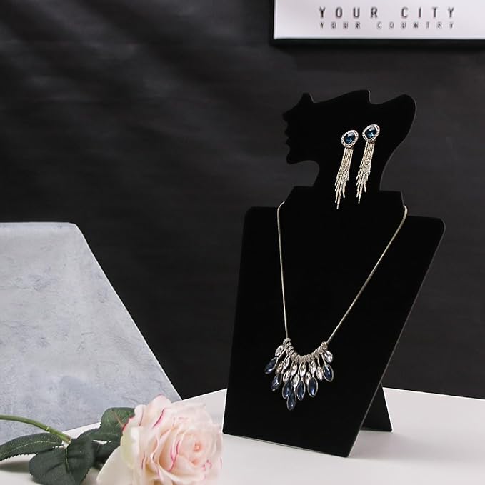 Coward 4 Pcs/Set Necklace Earring Set Display for Selling, Necklace Jewelry Holder Stand for Show, Beige Velvet Necklace Rack Organizer for Photography (Black Velvet)
