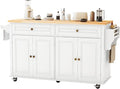 67’’ Movable Kitchen Island with Drop Leaf and Power Outlet, Lockable Sliding Countertop Rolling Island Cart with 2 Large Drawers, Spice, Towel Rack,White