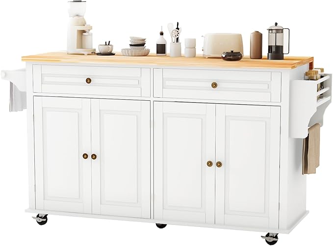 67’’ Movable Kitchen Island with Drop Leaf and Power Outlet, Lockable Sliding Countertop Rolling Island Cart with 2 Large Drawers, Spice, Towel Rack,White